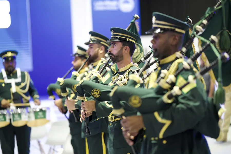 The Dubai Police pipe band performing at the World Police Summit 2025