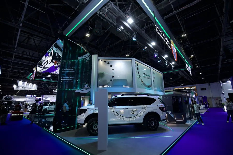 Overhead view of vehicle stands on the exhibition floor