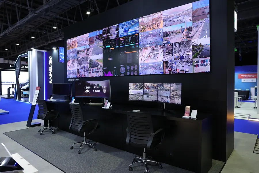 A command and control room video wall on the exhibition floor