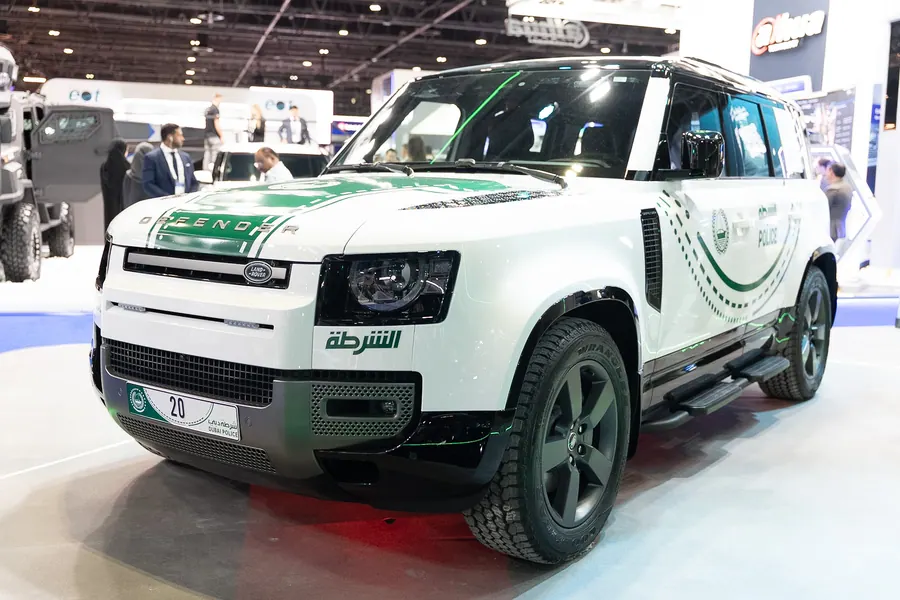 A Dubai Police Land Rover Defender patrol vehicle on display